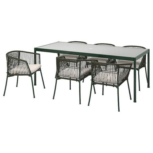 SEGERÖN - Table+6 chairs armrests, garden, dark green/Frösön/Duvholmen beige, 212 cm