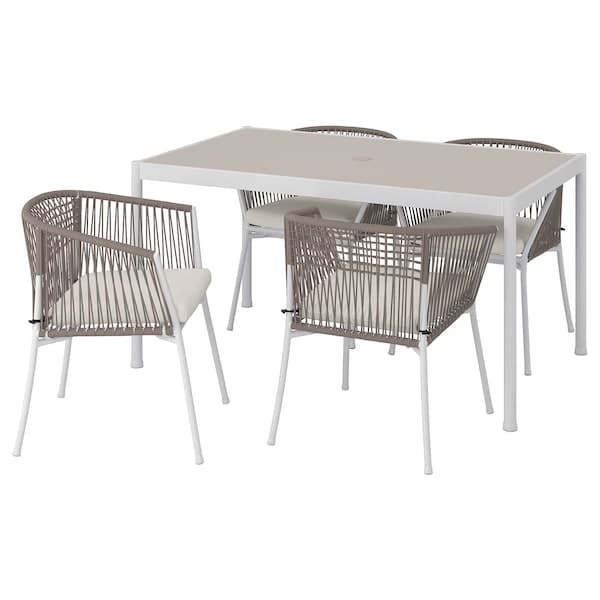 SEGERÖN - Table and 4 chairs with armrests, outdoor white/beige/Frösön/Duvholmen beige, 147 cm