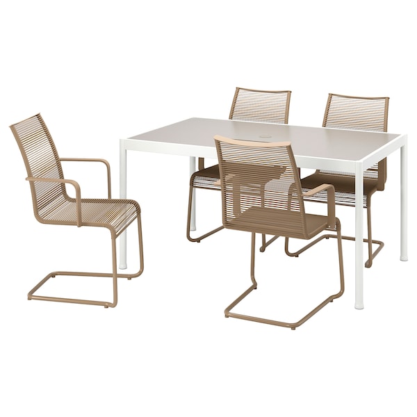 SEGERÖN / VÄSMAN - Table and 4 chairs with armrests, outdoor white/beige/brown, 147 cm