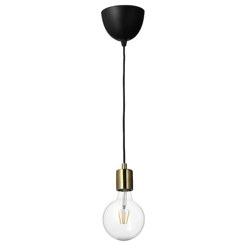 SKAFTET / LUNNOM - Pendant lamp with bulb, brass-plated/light intensity adjustable globe ,