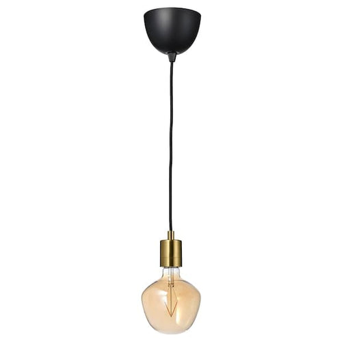 SKAFTET / MOLNART - Pendant lamp with bulb, brass-plated bell/transparent glass brown ,