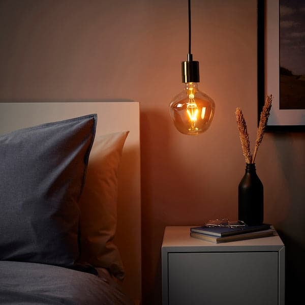 Ikea SKAFTET / MOLNART - Pendant lamp with bulb, brass-plated bell/transparent glass brown ,