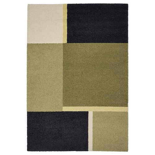 SKRIFTSPRÅK - Carpet, short pile, beige-green/dark blue, 133x195 cm