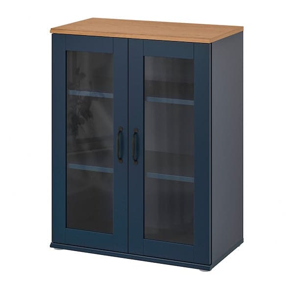 SKRUVBY - Cabinet with glass doors, black-blue, 70x90 cm - best price from Maltashopper.com 70520361