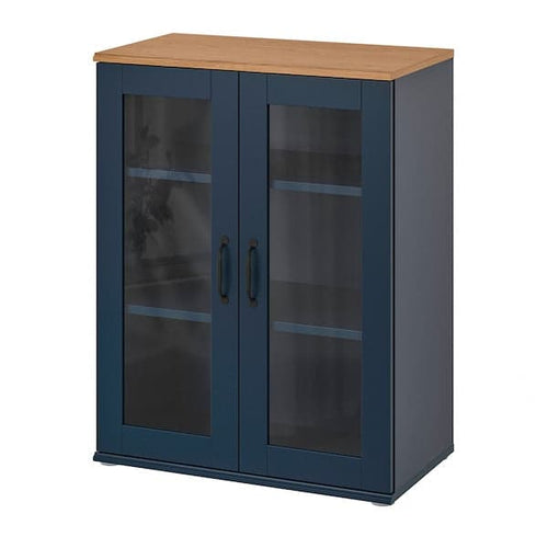SKRUVBY - Cabinet with glass doors, black-blue, 70x90 cm