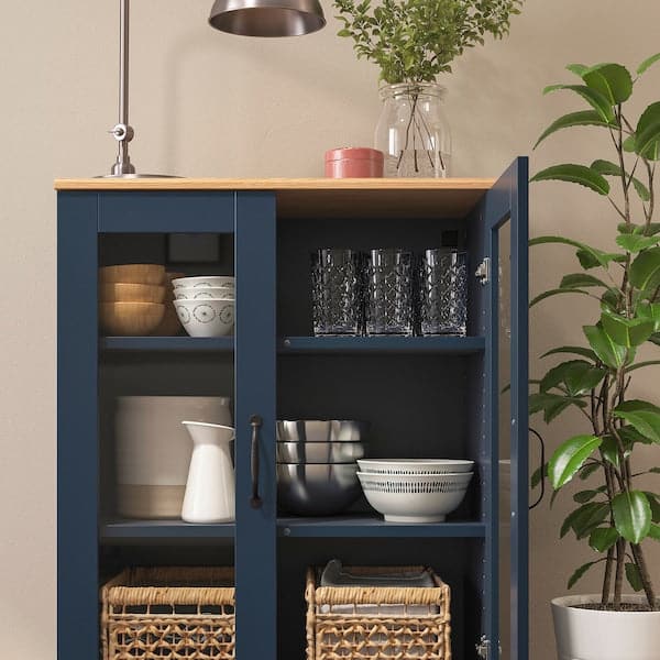 Ikea SKRUVBY - Cabinet with glass doors, black-blue, 70x90 cm