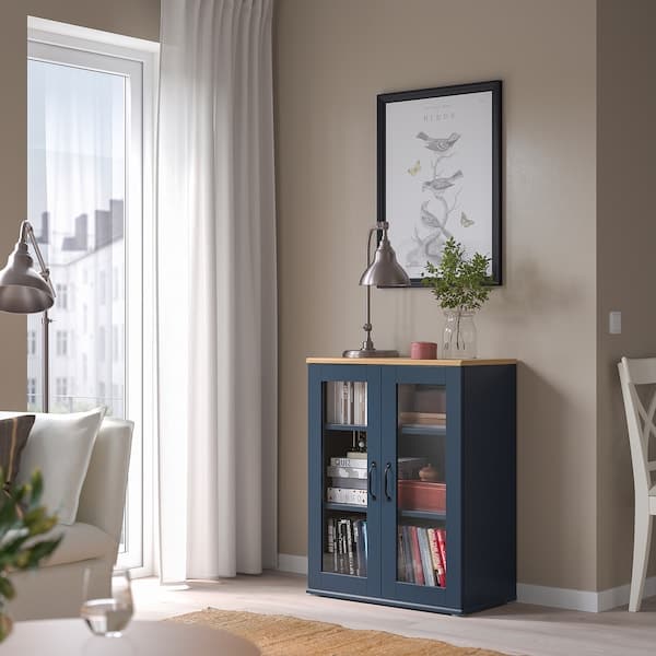 Ikea SKRUVBY - Cabinet with glass doors, black-blue, 70x90 cm