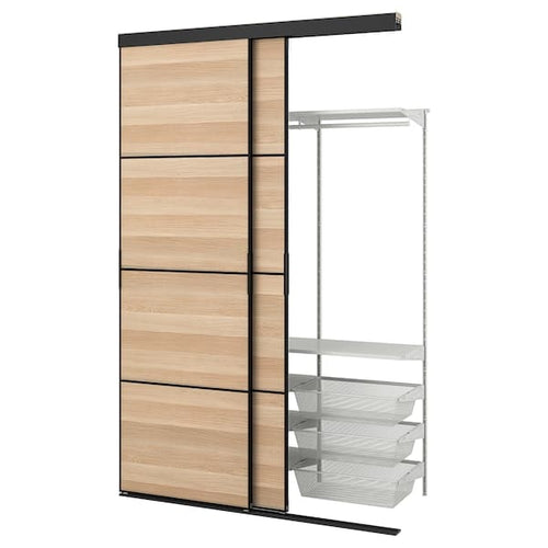 SKYTTA / BOAXEL - Reach-in wardrobe with sliding door, black double sided/Mehamn white stained oak effect, 152x65x240 cm