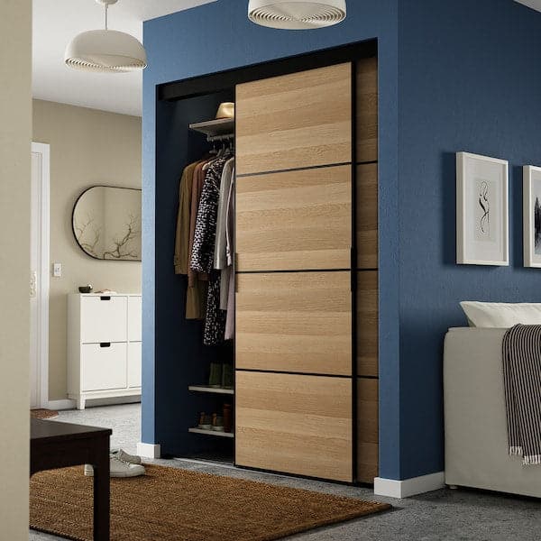 Ikea SKYTTA / MEHAMN - Sliding door combination, black/double sided white stained oak effect, 152x205 cm