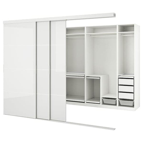 SKYTTA / PAX - Walk-in wardrobe with sliding doors, white Hokksund/high-gloss light grey, 301x160x240 cm