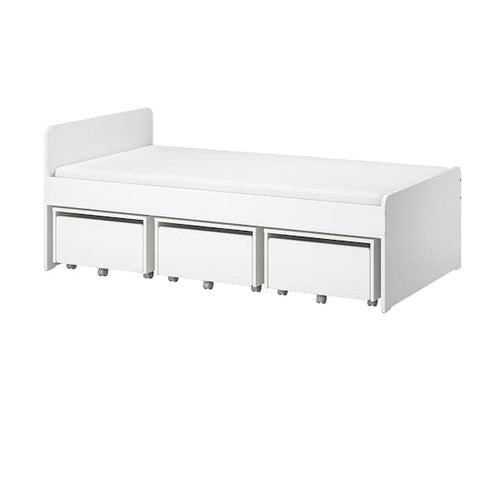 SLÄKT - Bed frame with 3 storage boxes, white, 90x200 cm