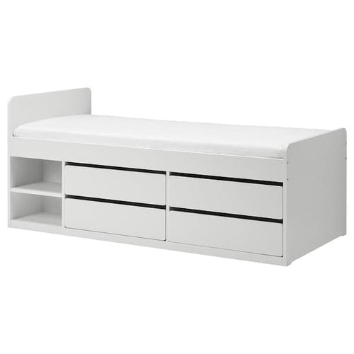 SLÄKT - Bed frame w storage+slatted bedbase, white, 90x200 cm
