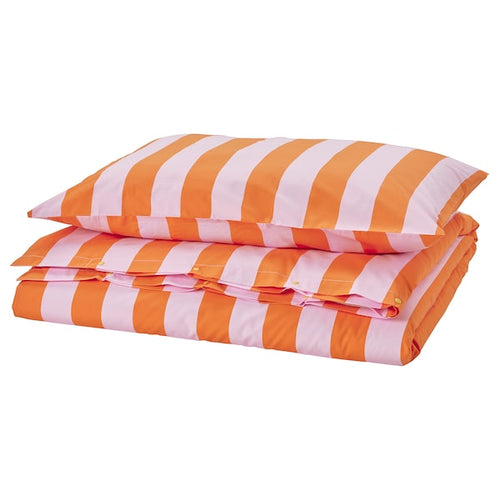 SLÅNHÖSTMAL - Duvet cover and pillowcase, orange/pink/striped, 150x200/50x80 cm