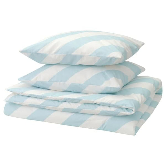 Ikea SLÖJSILJA - Duvet cover and 2 pillowcases, light blue/white/ striped, , 240x220/50x80 cm