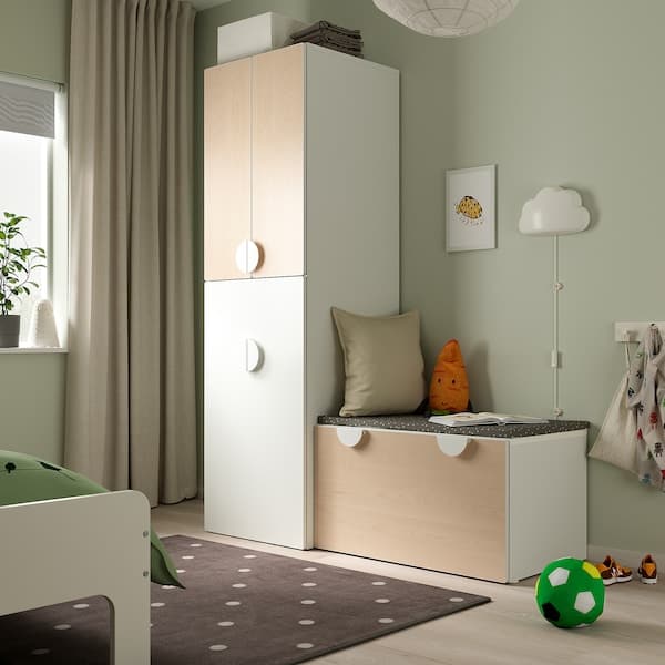 Ikea SMÅSTAD - Wardrobe with pull-out unit, white birch/with storage bench, 150x57x196 cm