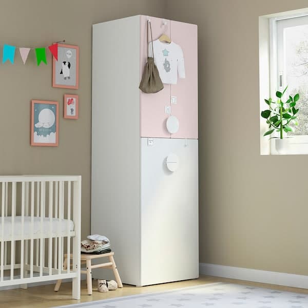 SMÅSTAD - Wardrobe with pull-out unit, white pale pink/with clothing rod, 60x57x196 cm - best price from Maltashopper.com 79429094