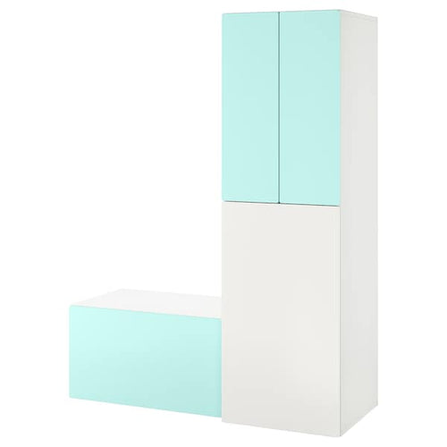 SMÅSTAD - Wardrobe with pull-out unit, white pale turquoise/with storage bench, 150x57x196 cm