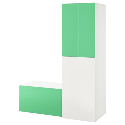 SMÅSTAD - Wardrobe with pull-out unit, white green/with storage bench, 150x57x196 cm