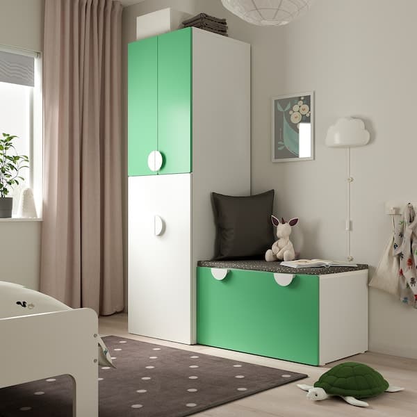 SMÅSTAD - Wardrobe with pull-out unit, white green/with storage bench, 150x57x196 cm - best price from Maltashopper.com 29483842