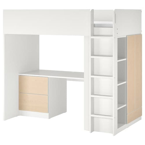 SMÅSTAD - Loft bed, white birch/with desk with 3 drawers, 90x200 cm