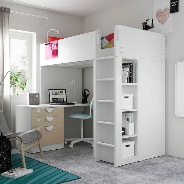 SMÅSTAD - Loft bed, white birch/with desk with 4 drawers, 90x200 cm - best price from Maltashopper.com 39435841
