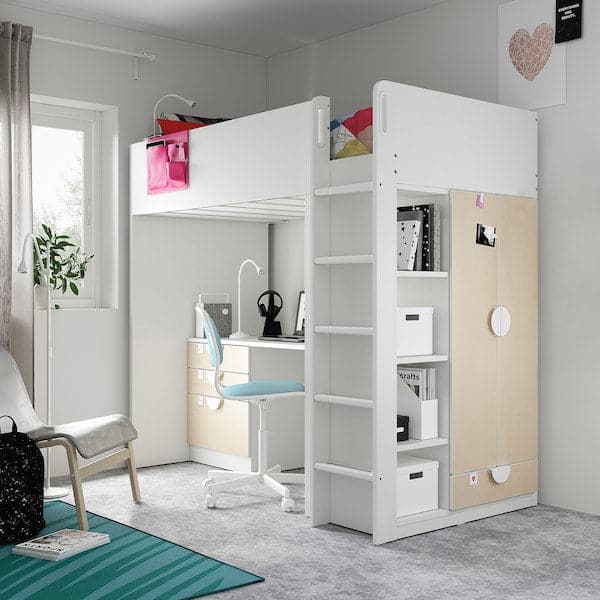 SMÅSTAD - Loft bed, white birch/with desk with 4 drawers, 90x200 cm - best price from Maltashopper.com 39435841