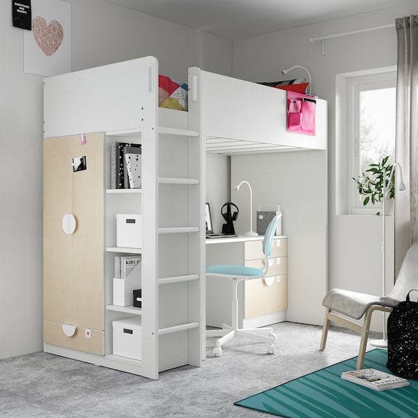 SMÅSTAD - Loft bed, white birch/with desk with 4 drawers, 90x200 cm - best price from Maltashopper.com 39435841