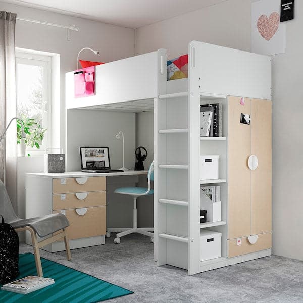 Ikea SMÅSTAD - Loft bed, white birch/with desk with 4 drawers, 90x200 cm