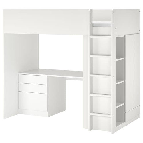 SMÅSTAD - Loft bed, white white/with desk with 2 shelves, 90x200 cm