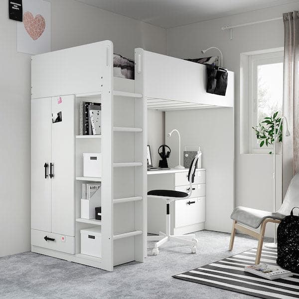 SMÅSTAD - Loft bed, white white/with desk with 2 shelves, 90x200 cm - best price from Maltashopper.com 89520158