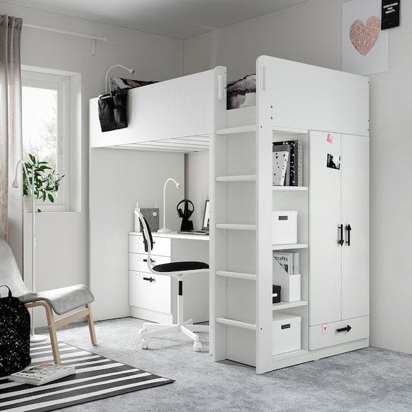 SMÅSTAD - Loft bed, white white/with desk with 2 shelves, 90x200 cm - best price from Maltashopper.com 89520158