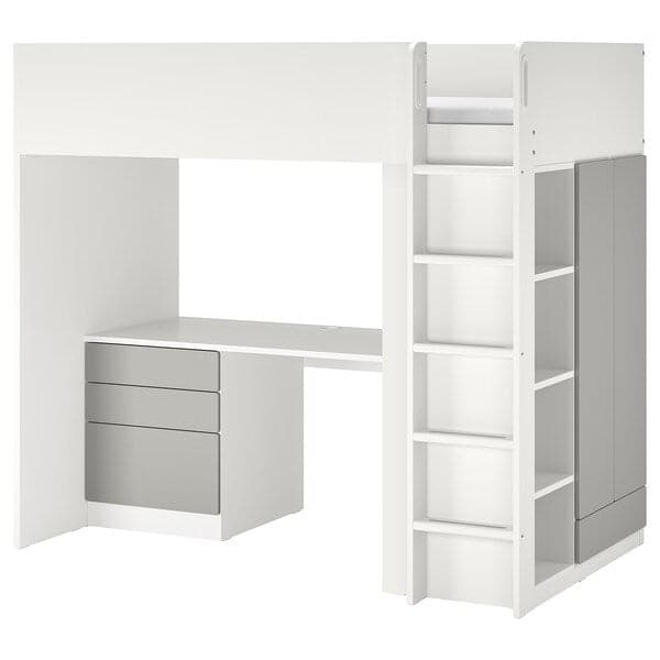 SMÅSTAD - Loft bed, white grey/with desk with 2 shelves, 90x200 cm - best price from Maltashopper.com 69520258
