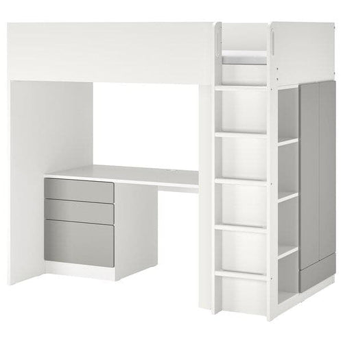 SMÅSTAD - Loft bed, white grey/with desk with 2 shelves, 90x200 cm