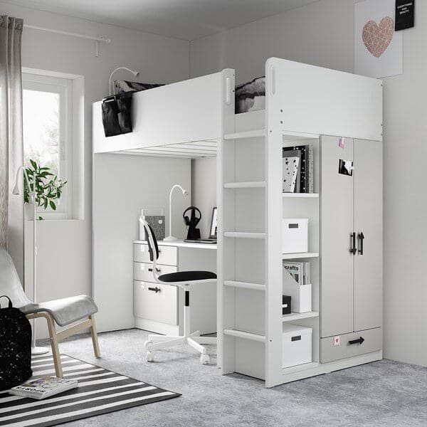 SMÅSTAD - Loft bed, white grey/with desk with 2 shelves, 90x200 cm - best price from Maltashopper.com 69520258
