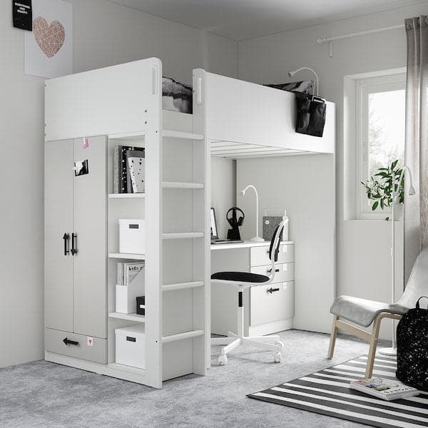 Ikea SMÅSTAD - Loft bed, white grey/with desk with 2 shelves, 90x200 cm
