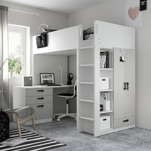 Ikea SMÅSTAD - Loft bed, white grey/with desk with 2 shelves, 90x200 cm