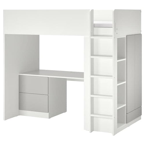 SMÅSTAD - Loft bed, white grey/with desk with 3 drawers, 90x200 cm