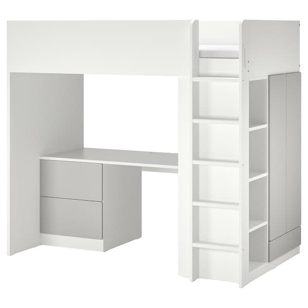 SMÅSTAD - Loft bed, white grey/with desk with 3 drawers, 90x200 cm
