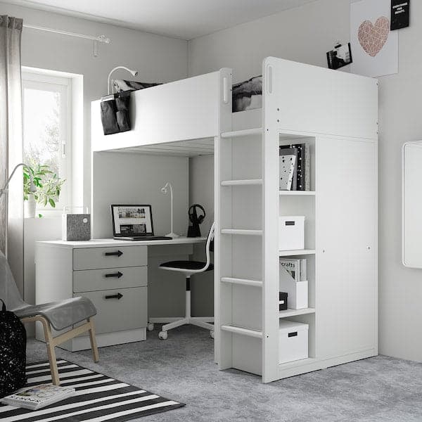 SMÅSTAD - Loft bed, white grey/with desk with 4 drawers, 90x200 cm - best price from Maltashopper.com 09435588