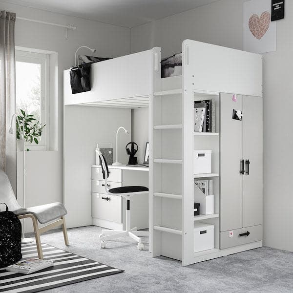 SMÅSTAD - Loft bed, white grey/with desk with 4 drawers, 90x200 cm - best price from Maltashopper.com 09435588