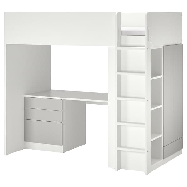 SMÅSTAD - Loft bed, white grey/with desk with 4 drawers, 90x200 cm - best price from Maltashopper.com 09435588