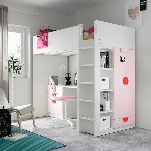 SMÅSTAD - Loft bed, white pale pink/with desk with 2 shelves, 90x200 cm - best price from Maltashopper.com 89520219