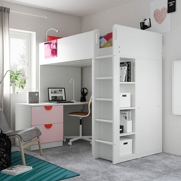 Ikea SMÅSTAD - Loft bed, white pale pink/with desk with 3 drawers, 90x200 cm