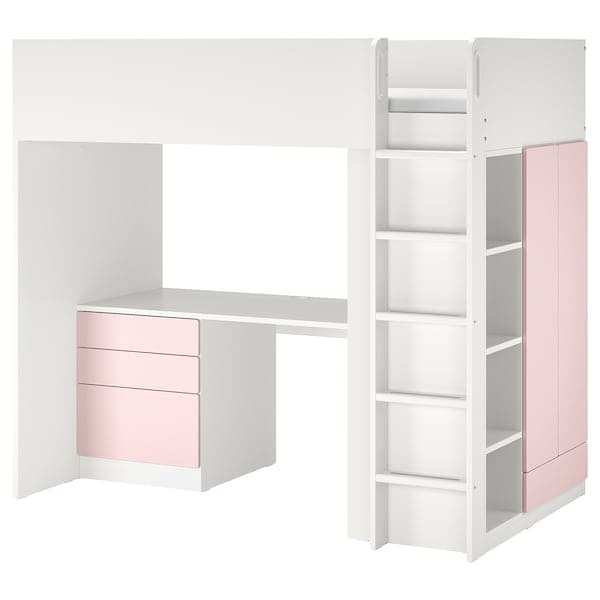 SMÅSTAD - Loft bed, white pale pink/with desk with 4 drawers, 90x200 cm - best price from Maltashopper.com 19435489
