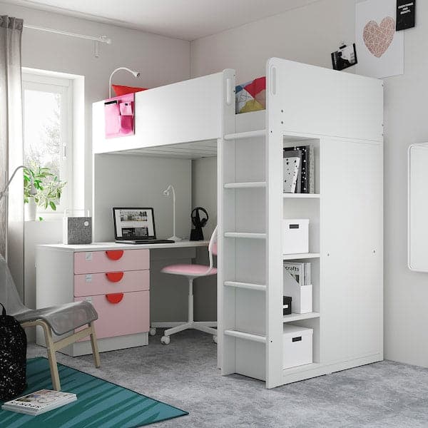 Ikea SMÅSTAD - Loft bed, white pale pink/with desk with 4 drawers, 90x200 cm