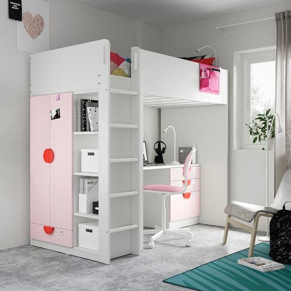 Ikea SMÅSTAD - Loft bed, white pale pink/with desk with 4 drawers, 90x200 cm