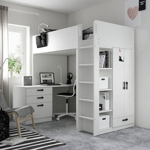 SMÅSTAD - Loft bed, white pale turquoise/with desk with 2 shelves, 90x200 cm - best price from Maltashopper.com 09520336
