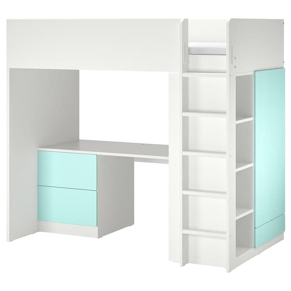 SMÅSTAD - Loft bed, white pale turquoise/with desk with 3 drawers, 90x200 cm - best price from Maltashopper.com 89437418
