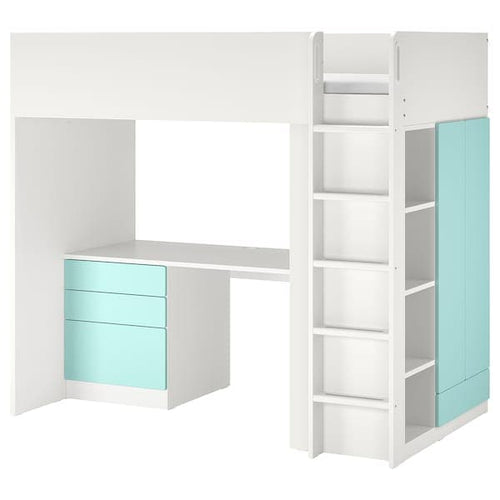 SMÅSTAD - Loft bed, white pale turquoise/with desk with 4 drawers, 90x200 cm