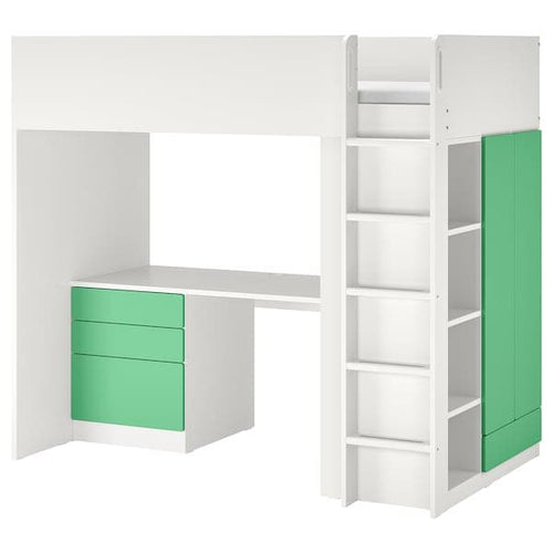 SMÅSTAD - Loft bed, white green/with desk with 2 shelves, 90x200 cm